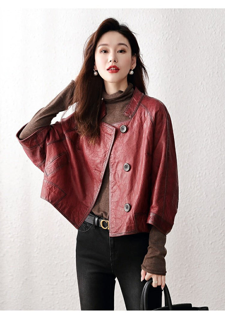 Retro distressed leather bomber jacket women Burgundy S