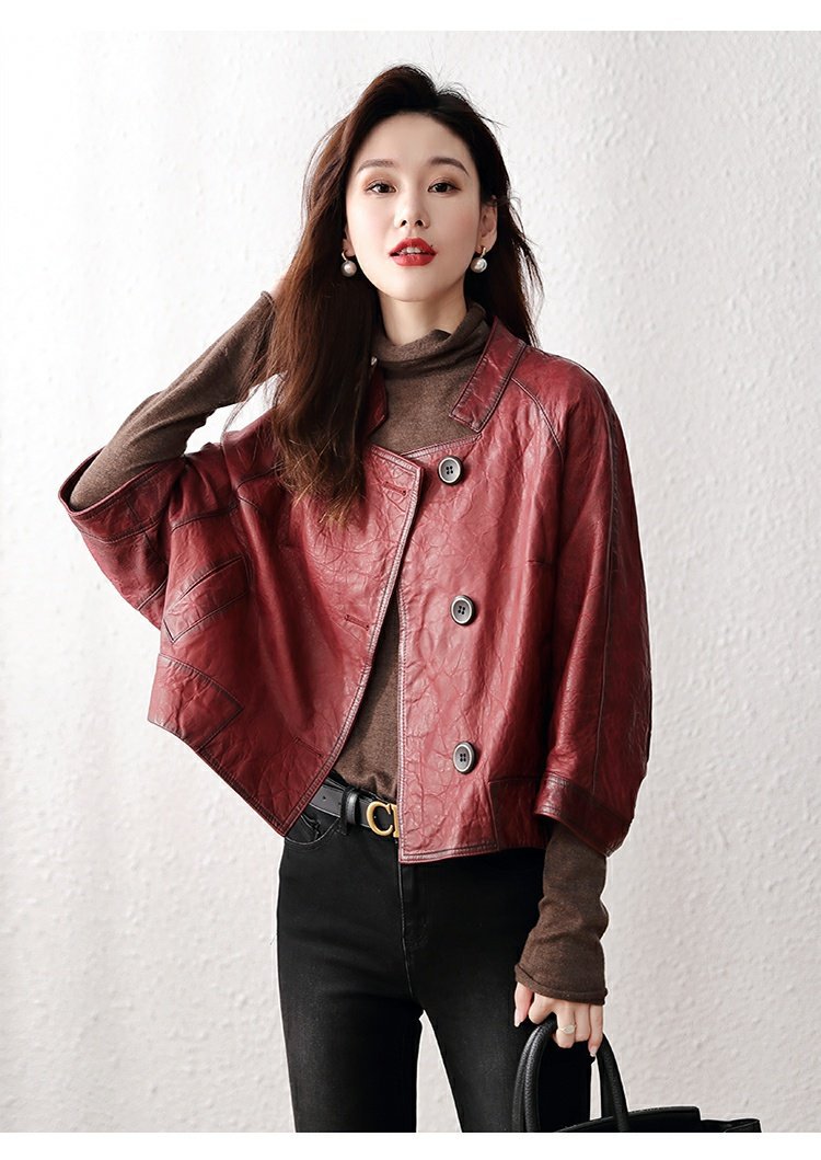 Retro distressed leather bomber jacket women Burgundy S