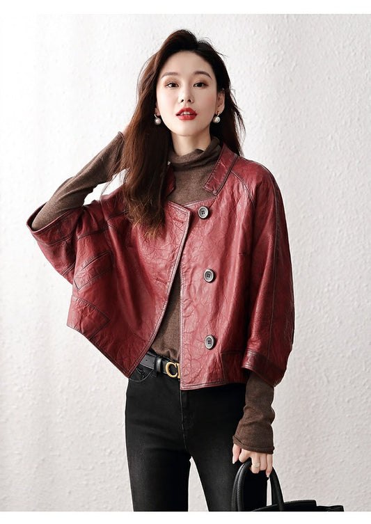 Retro distressed leather bomber jacket women Burgundy S