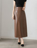 Brown PU Leather High Waist Midi Skirt with Back Slit