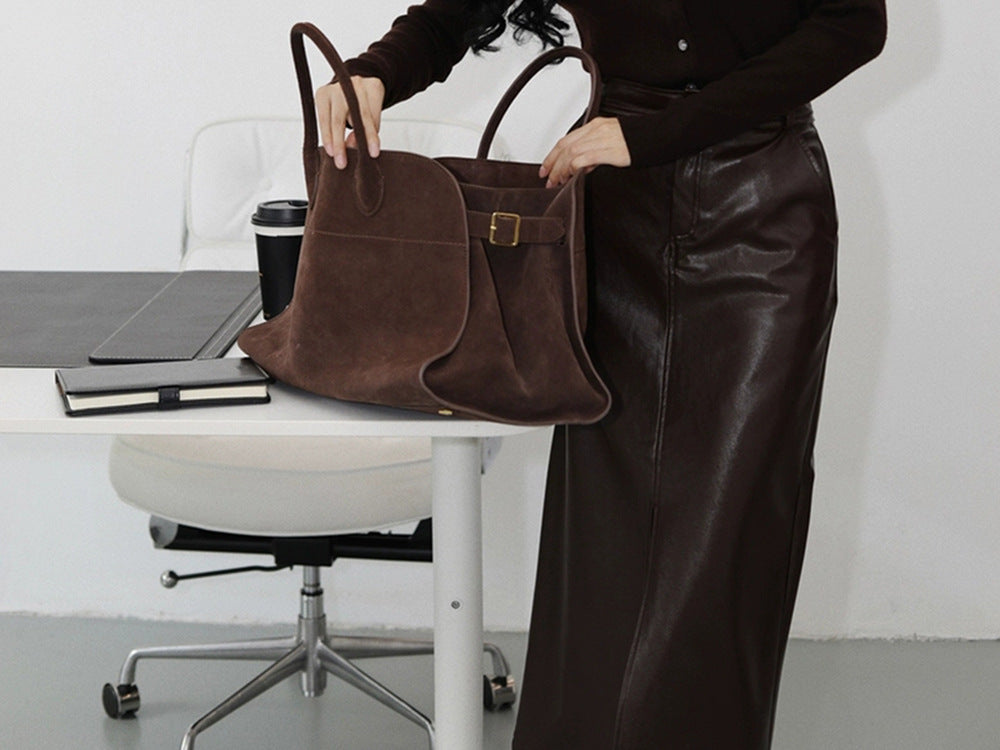 High Waisted A-Line Leather Midi Skirt with Front Slit