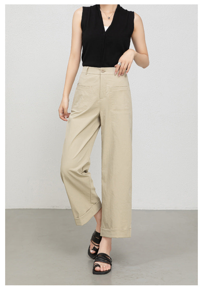 High waisted cropped pants women with rolled cuffs