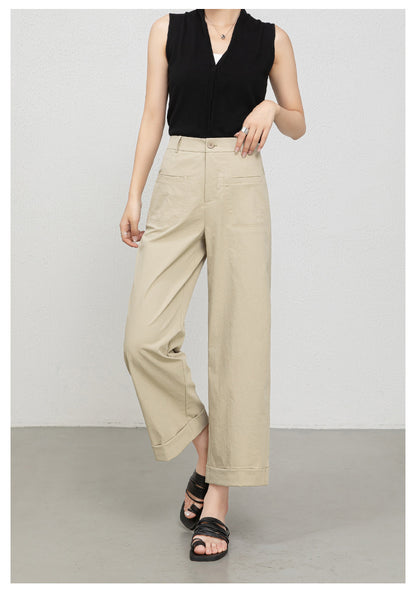 High waisted cropped pants women with rolled cuffs