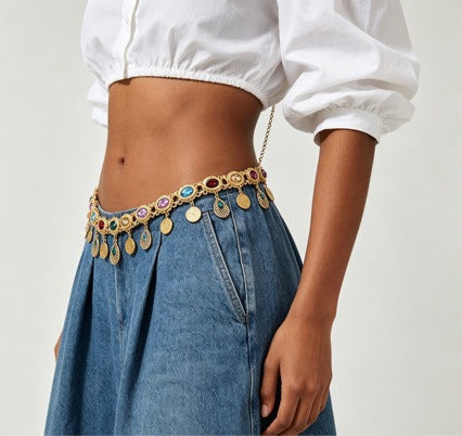 Gold Waist Chain with Multicolor Inlays and Coin Tassels