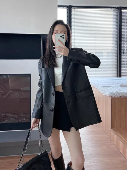 Black women leather blazer jacket coat
