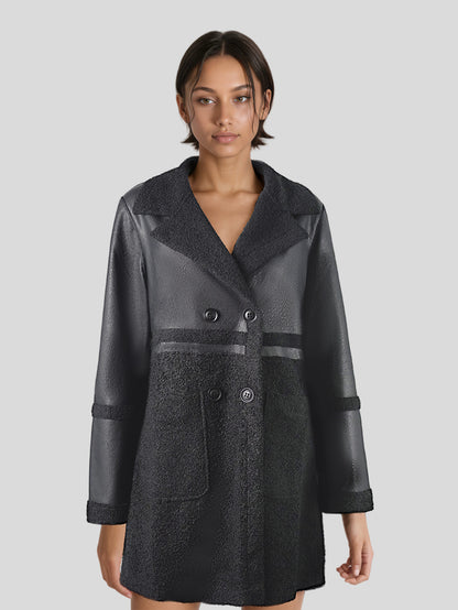 Women's Mid-Length Faux Leather Jacket with Shearling Trim