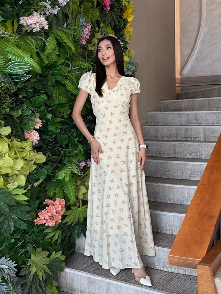 French floral v neck puff sleeve maxi dress