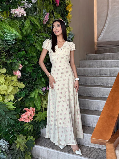 French floral v neck puff sleeve maxi dress