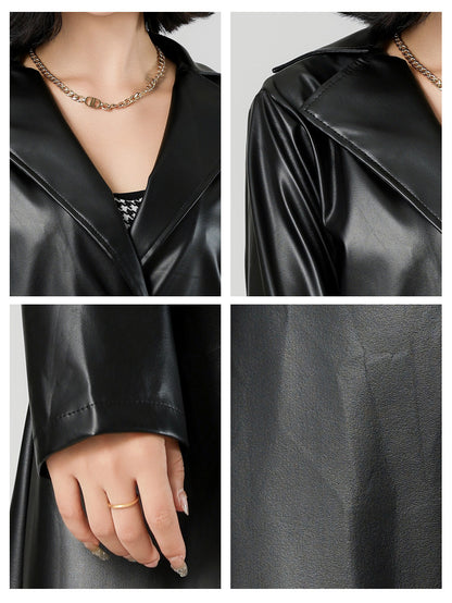 Black Faux Leather Trench Coat with Belted Waist