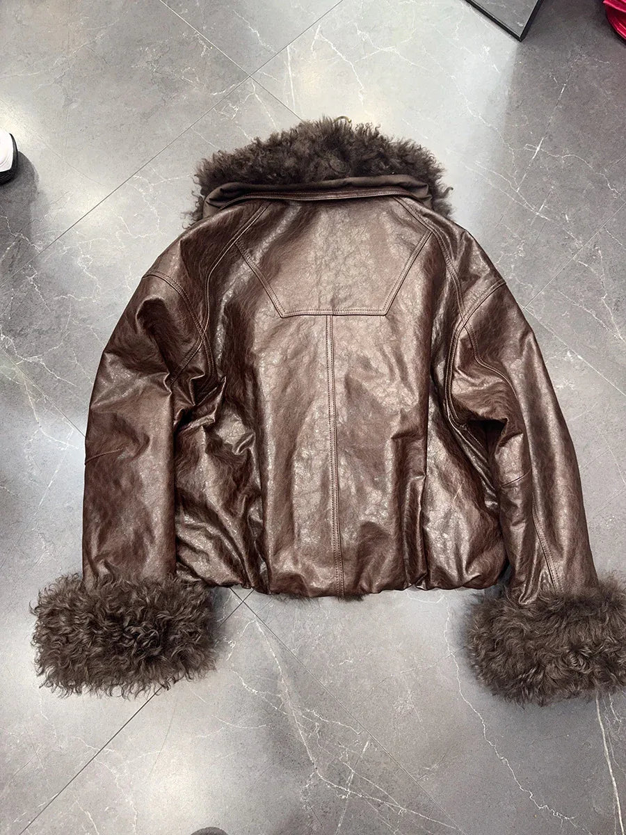 Genuine sheepskin leather jacket with fur collar
