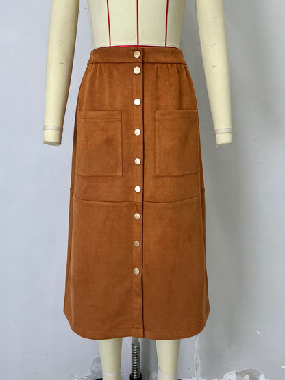 Corduroy Midi Skirt High Waist Button Front Brown A-Line