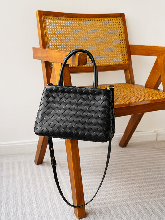 Hand Woven Real Leather Black Tote Crossbody Purse