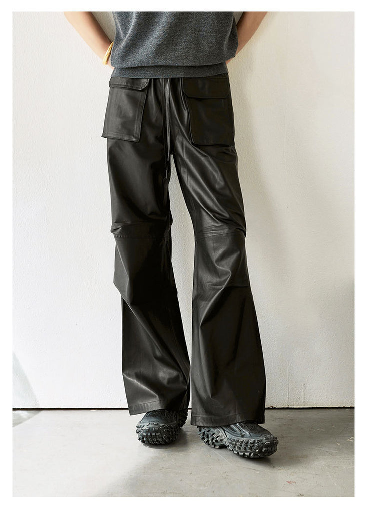 Women Genuine Leather High Waisted Cargo Pants