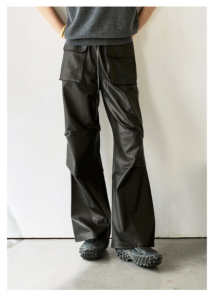 Women Genuine Leather High Waisted Cargo Pants
