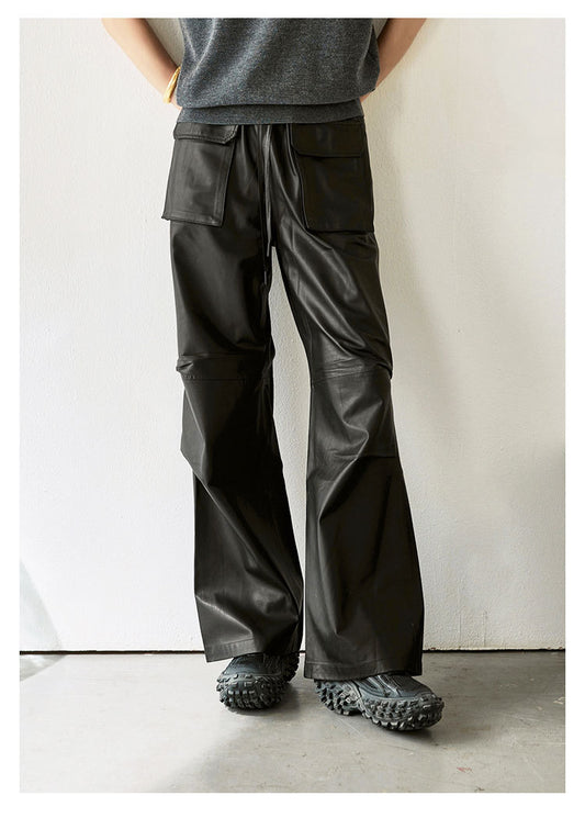 Women Genuine Leather High Waisted Cargo Pants