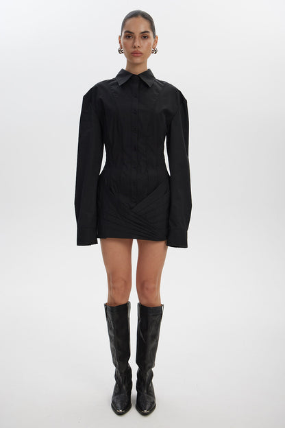 Women Long Sleeve Corset Shirt Mini Dress Bodycon