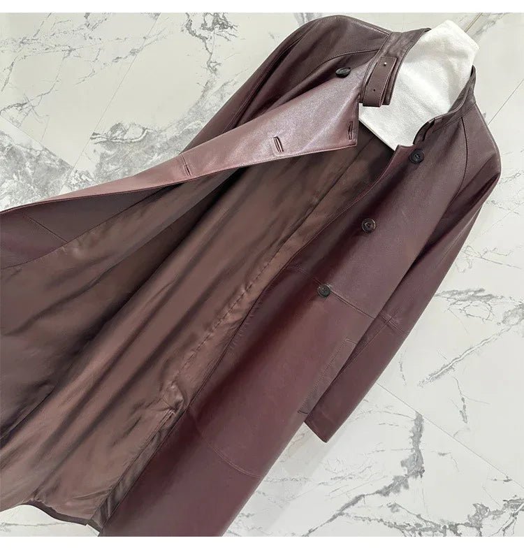 Women sheepskin leather trench coat long belt - Boho Living Room