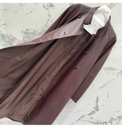 Women sheepskin leather trench coat long belt - Boho Living Room