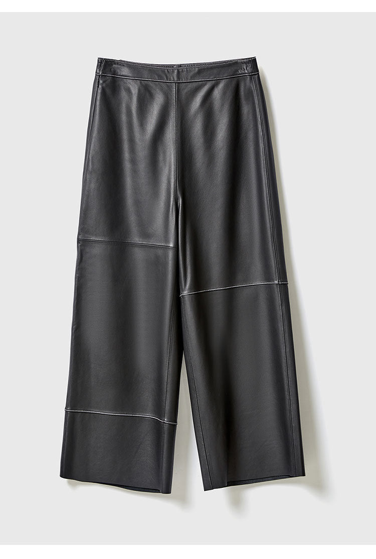 Irregular Cut Leather Wide Leg Pants for Women Cropped Straight Fit