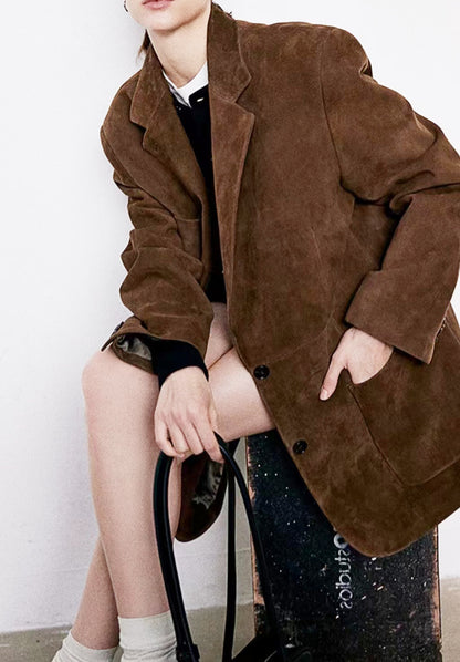Genuine Leather Suede Jacket Oversized Suit Coat for Women