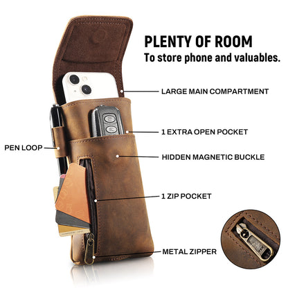 Men’s Leather Waist Bag with Magnetic Phone Pouch and Zipper Pocket