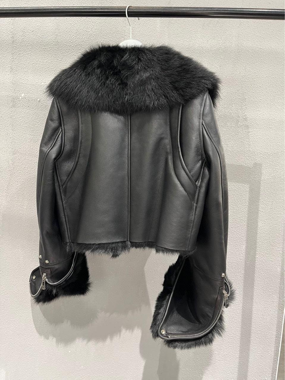 Women’s Genuine Leather Bomber Jacket with Shearling Fur Collar