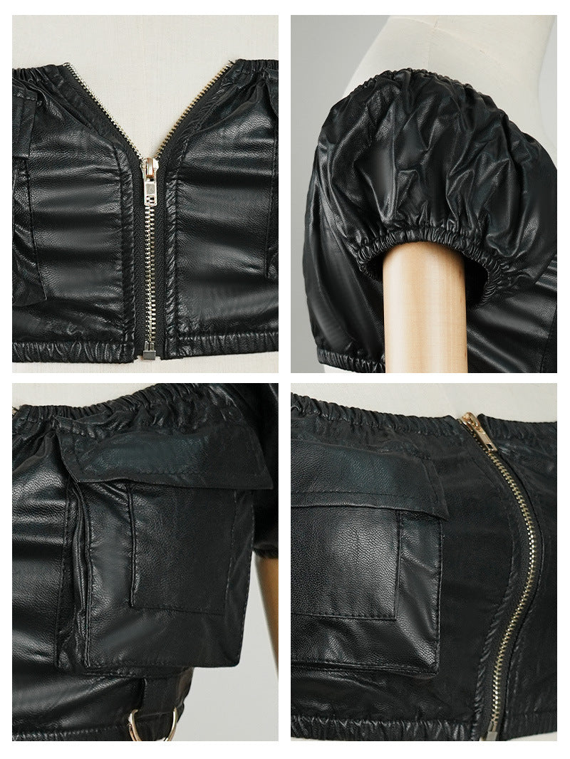 Black pu leather off shoulder set