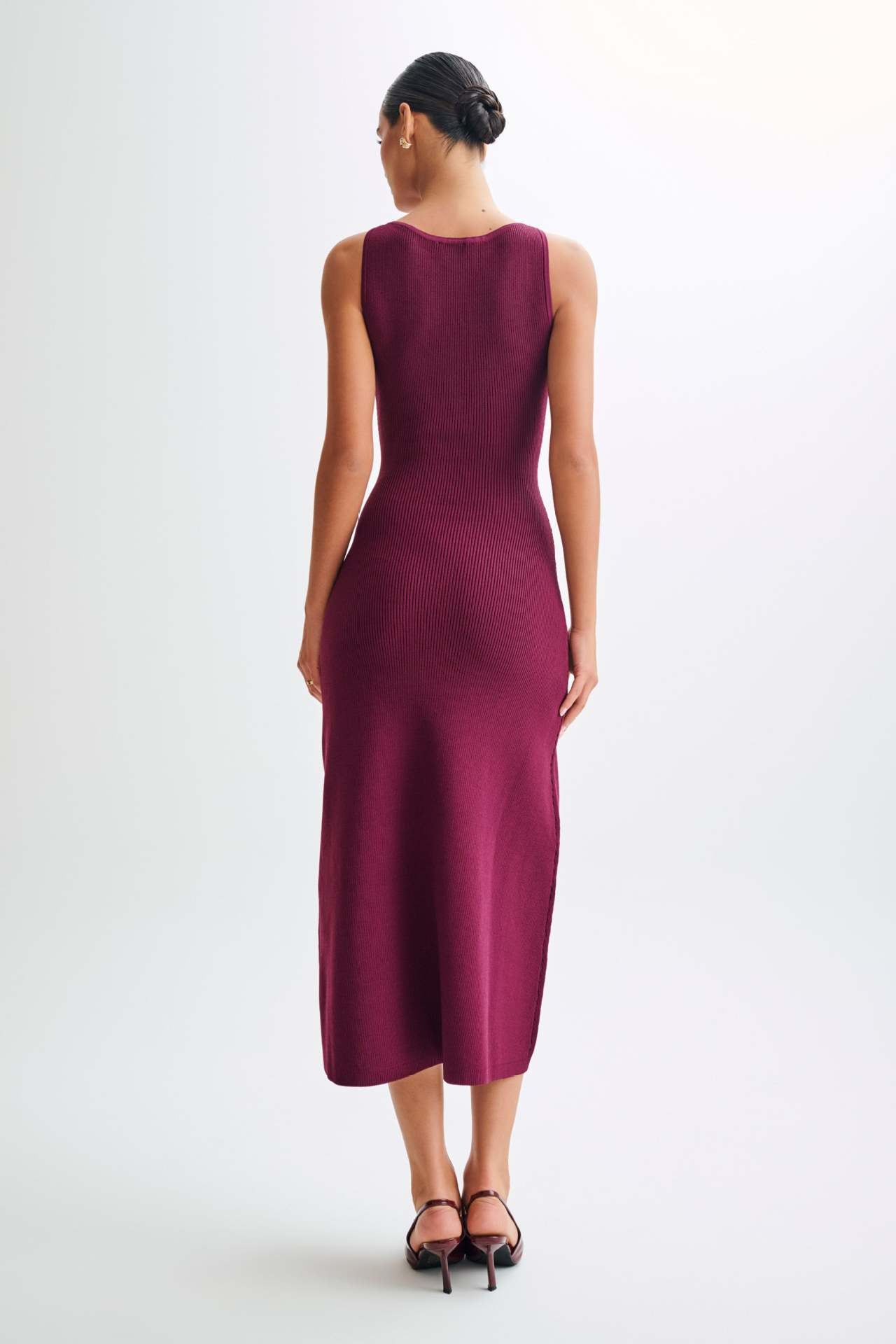 Burgundy Sleeveless Gold-Button Rib Knit Dress