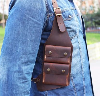 Men’s Shoulder Holster Bag in Brown Faux Leather for Hands-Free Carry