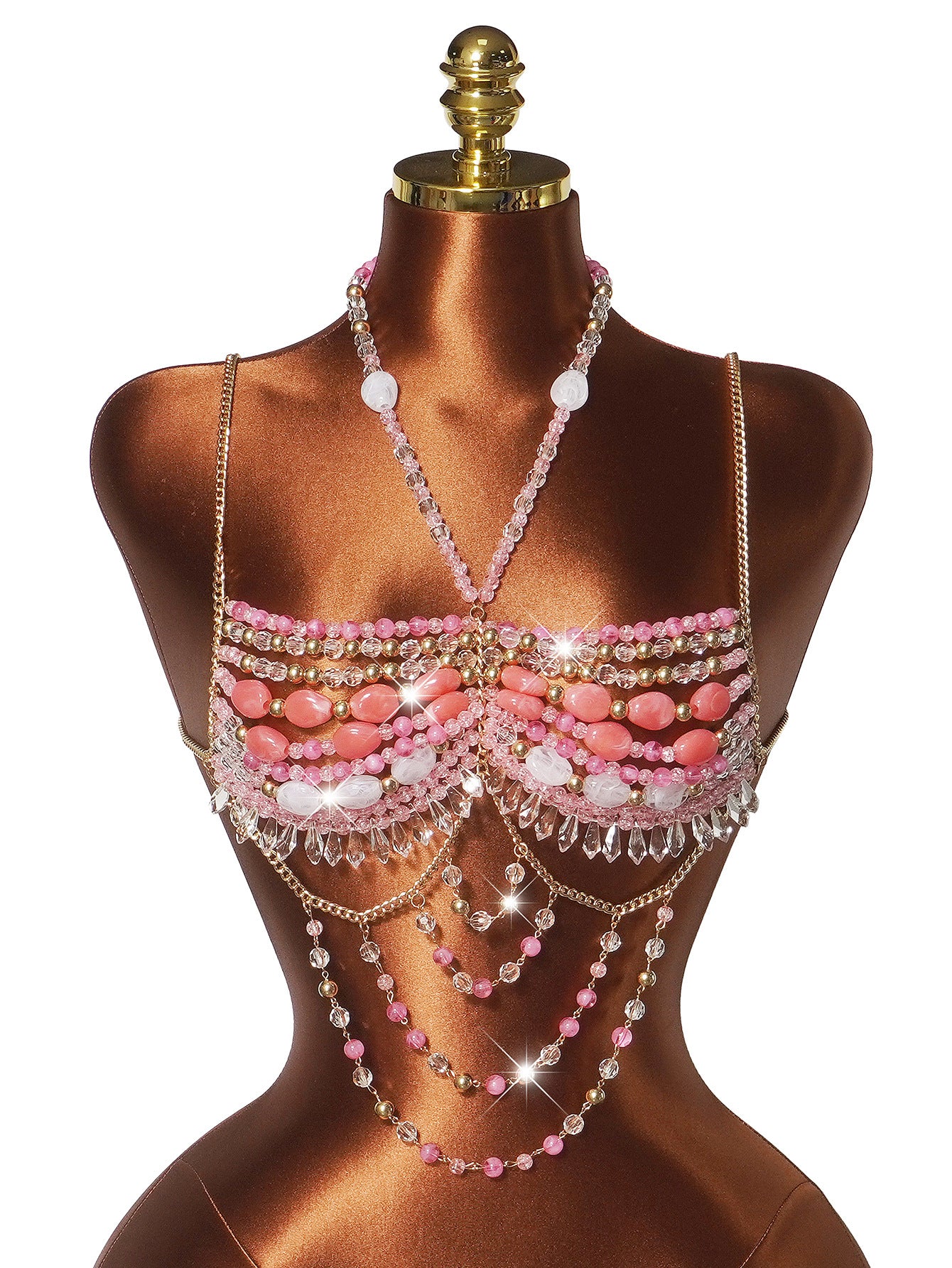 Pink Crystal Body Chain Bralette with Beaded Tassel Drapes