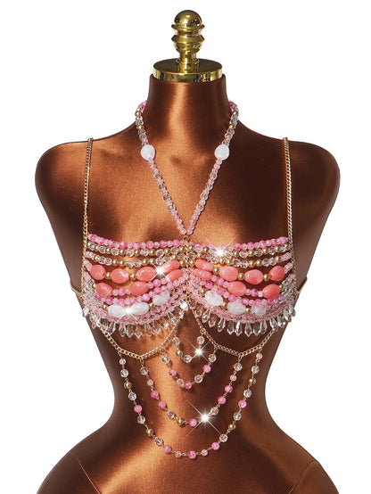 Pink Crystal Body Chain Bralette with Beaded Tassel Drapes