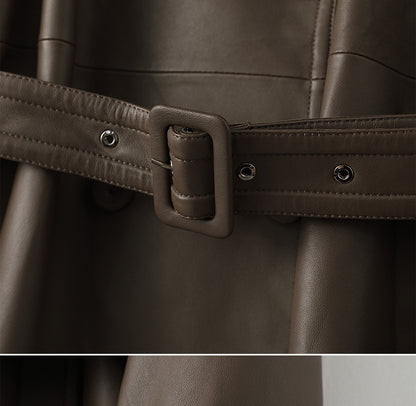 Women Leather Trench Coat Mid-Length Brown Coat