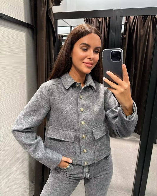 Women’s Wool Blend Cropped Jacket with Gold Metal Buttons