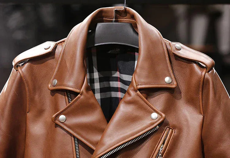 Men’s Oily Brown Waxed Cowhide Biker Jacket