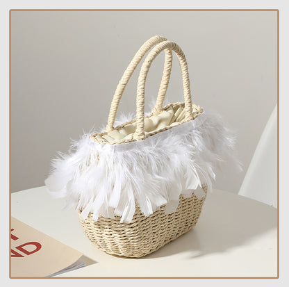 Woven Feather Straw Beach Bag White Fringe