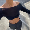 Women’s One Shoulder Exposed Waist Mesh Crop Top Long Sleeve Blouse
