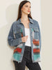 Oversized Tribal Denim Jacket for Women with Woven Back Panel