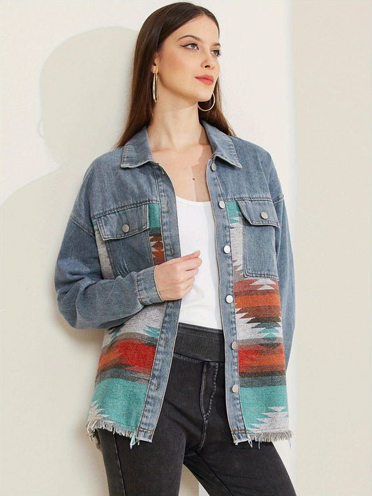 Oversized Tribal Denim Jacket for Women with Woven Back Panel