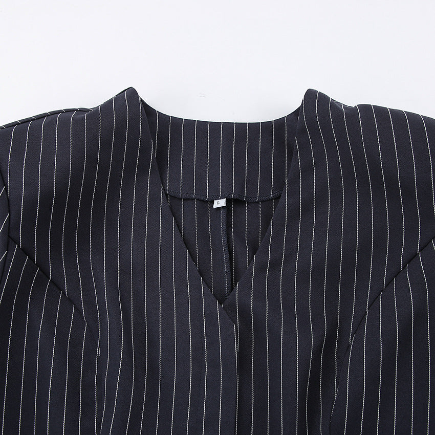 Women Navy Blue Pinstripe Blazer Skirt Set Two-Piece Outfit