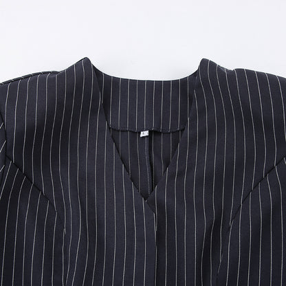 Women Navy Blue Pinstripe Blazer Skirt Set Two-Piece Outfit