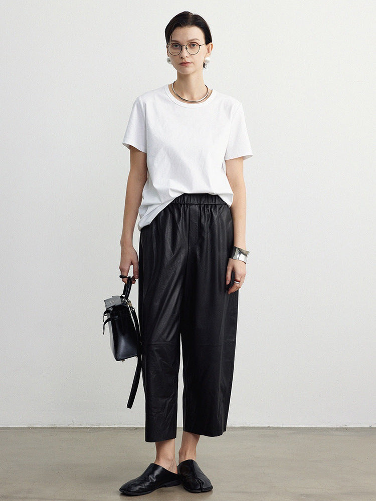 Women Leather Baggy Pants Retro Elastic Waist Loose Fit