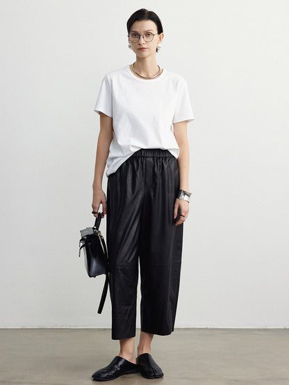 Women Leather Baggy Pants Retro Elastic Waist Loose Fit