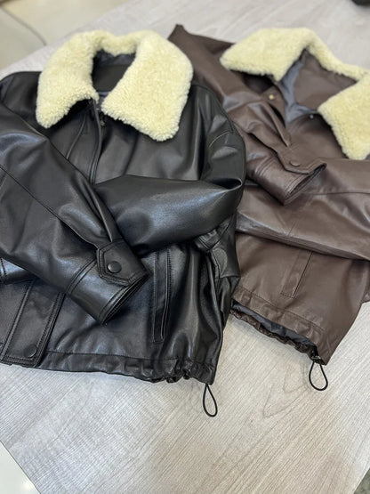 Leather bomber jacket for women with wool fur collar