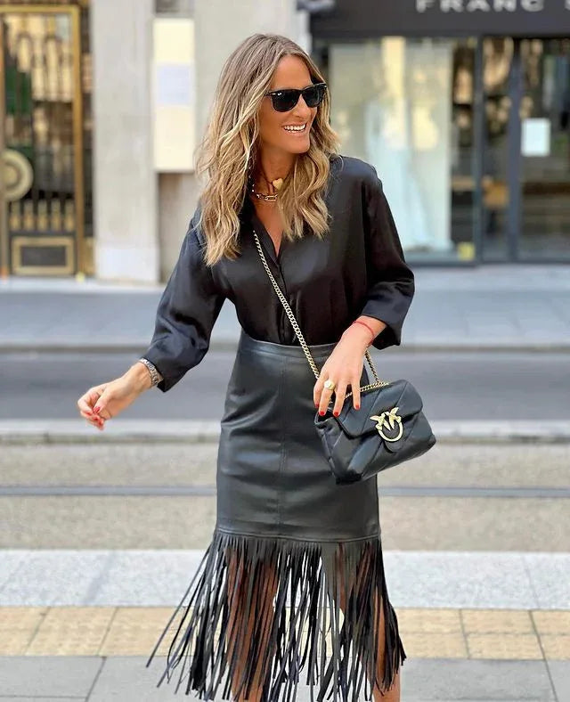 Faux leather tassel midi skirt for women