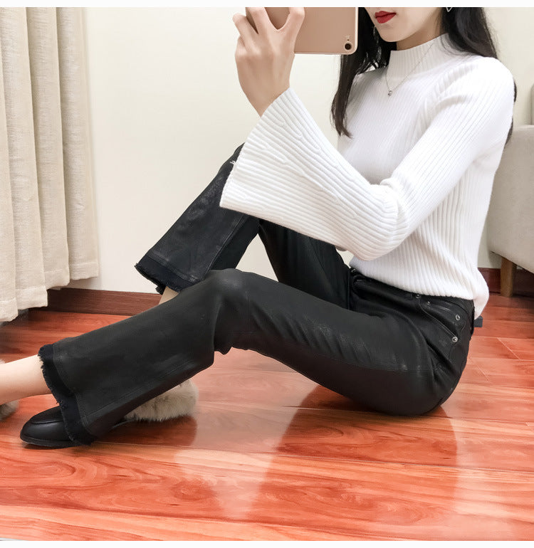 Women’s Leather Capri Pants Cropped Flared with Tassel Hem