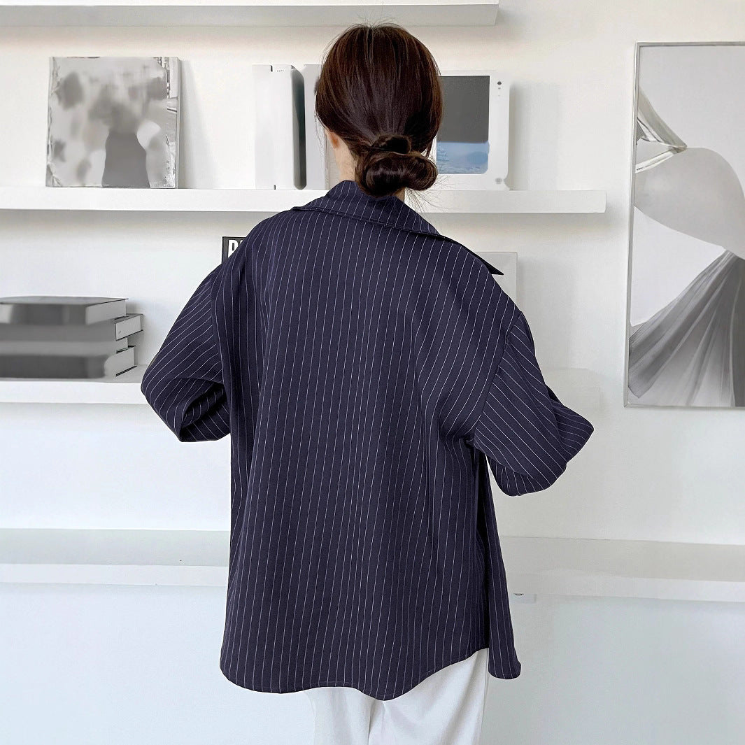 Cotton Striped Print Shoulder Shirt Blouse