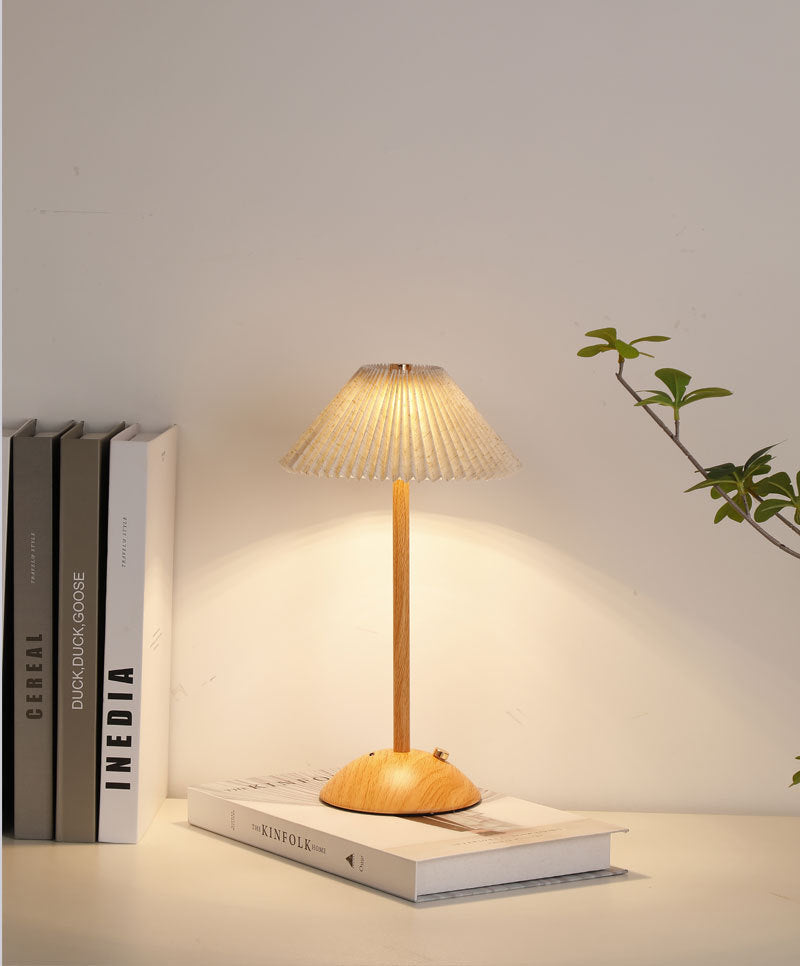 Nordic Pleated Table Lamp Rechargeable LED Wooden Base Bedside Light