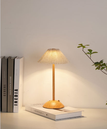 Nordic Pleated Table Lamp Rechargeable LED Wooden Base Bedside Light