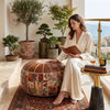 Faux Leather Pouf Ottoman with Bohemian Print for Living Rooms