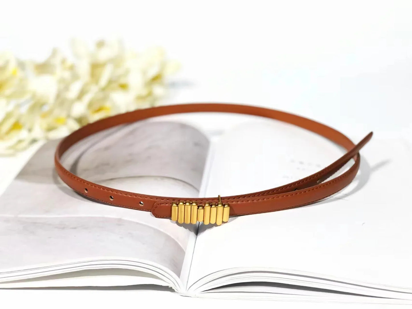 Women’s Skinny Genuine Leather Belt Gold Buckle Brown